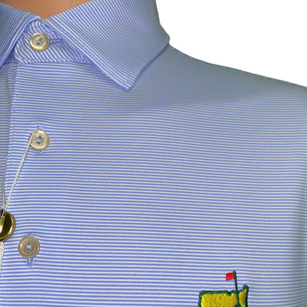 Masters Peter Millar Performance Tech Light Blue and White Tight Micro Stripe Golf Shirt