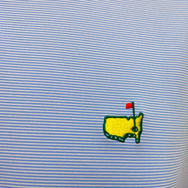 Masters Peter Millar Performance Tech Light Blue and White Tight Micro Stripe Golf Shirt