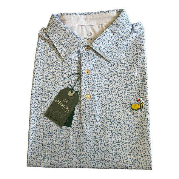 Masters Tech White Performance Golf Shirt Polo with Blue Outline Map Logo Pattern